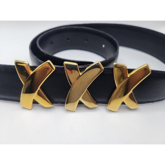Paloma Picasso Triple Kiss Belt Wide Gold logo Black Leather S 70 Vtg Italy Read main image 4
